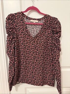 LOFT Black Floral V-Neck Puff Sleeve Top with Pink Flowers
